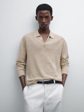 Massimo Dutti Mens Polo Collar Sweater Size M Beige Linen Cotton 0998/377 NWOT